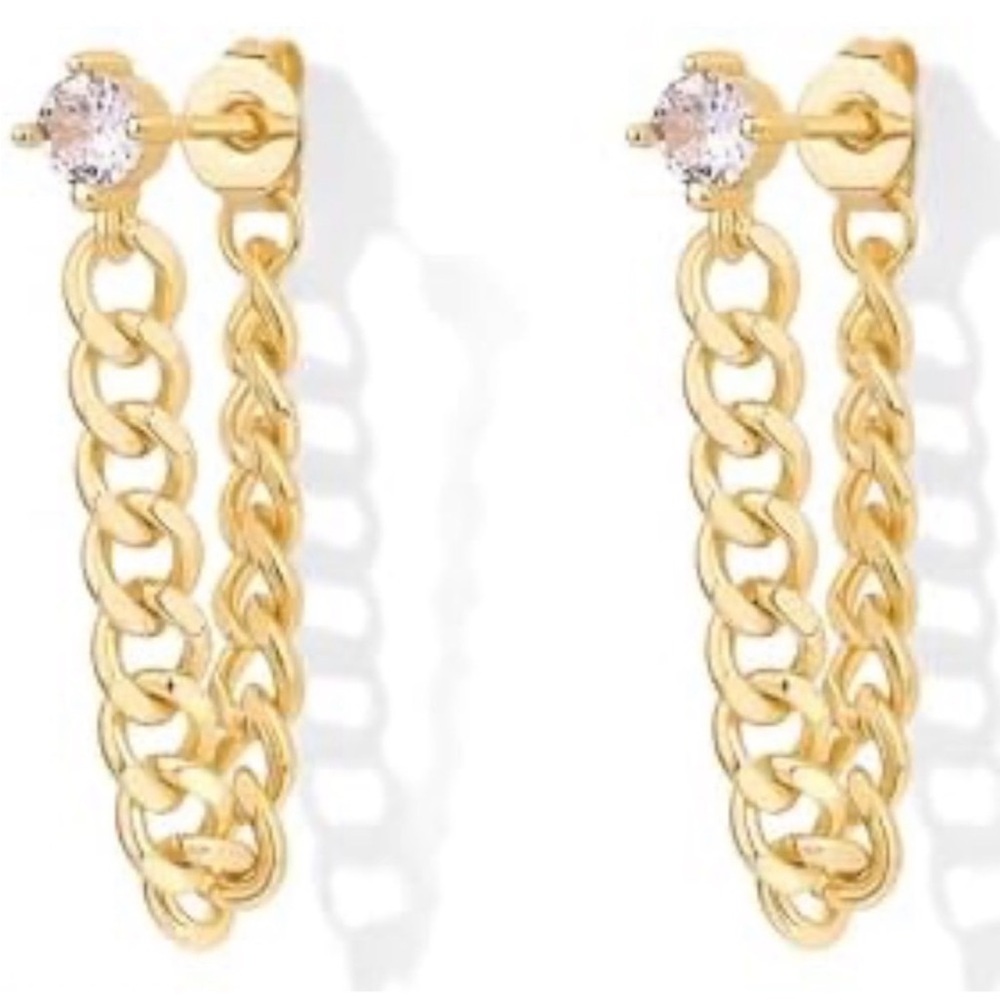 Solitaire Curb Chain Drop Front Back Earrings | 18k Yellow Gold Filled